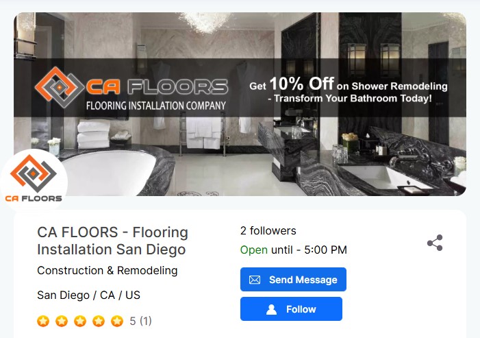 Example Goodviser business profile card with ratings, followers, and a promotional offer.