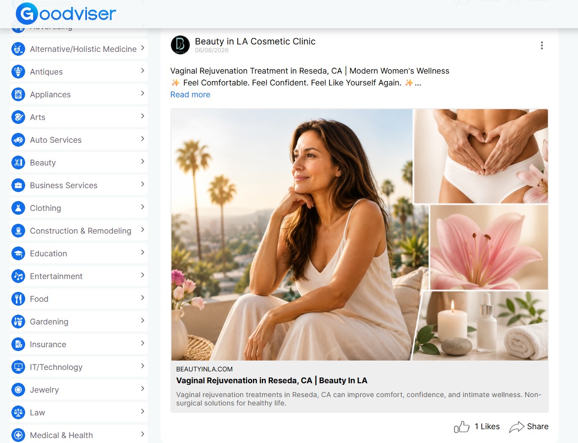 Example Goodviser business update post with photos and a link to the business website.