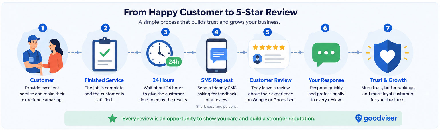 From happy customer to 5-star review: finished service, 24 hours, SMS request, customer review, your response, trust and growth.