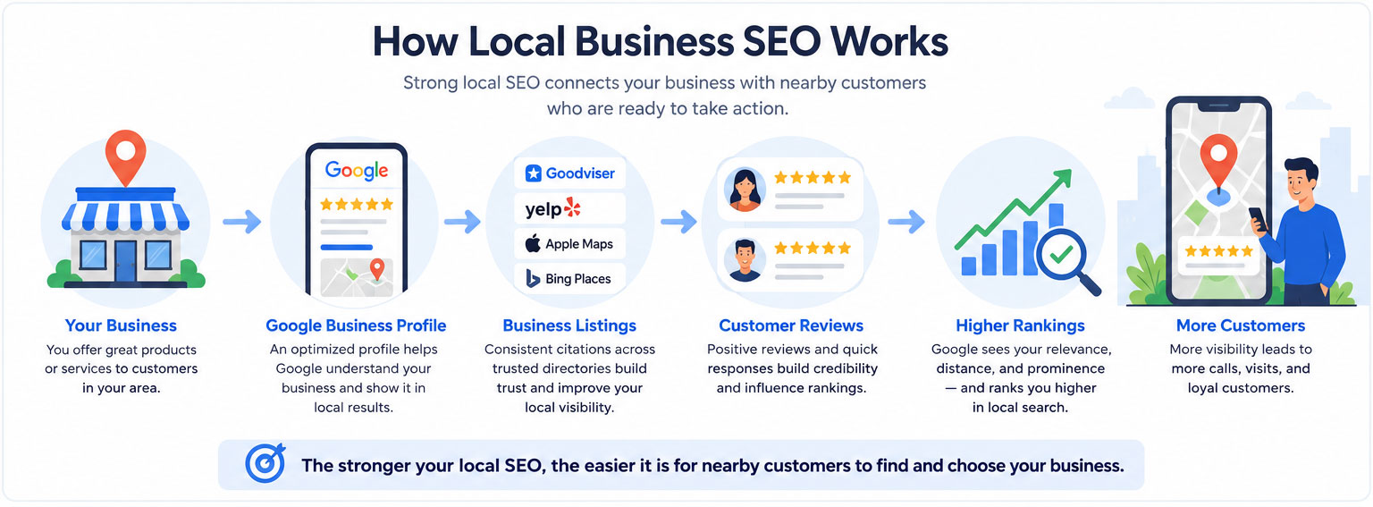 How Local Business SEO works: your business, Google Business Profile, business listings, customer reviews, higher rankings, more customers.